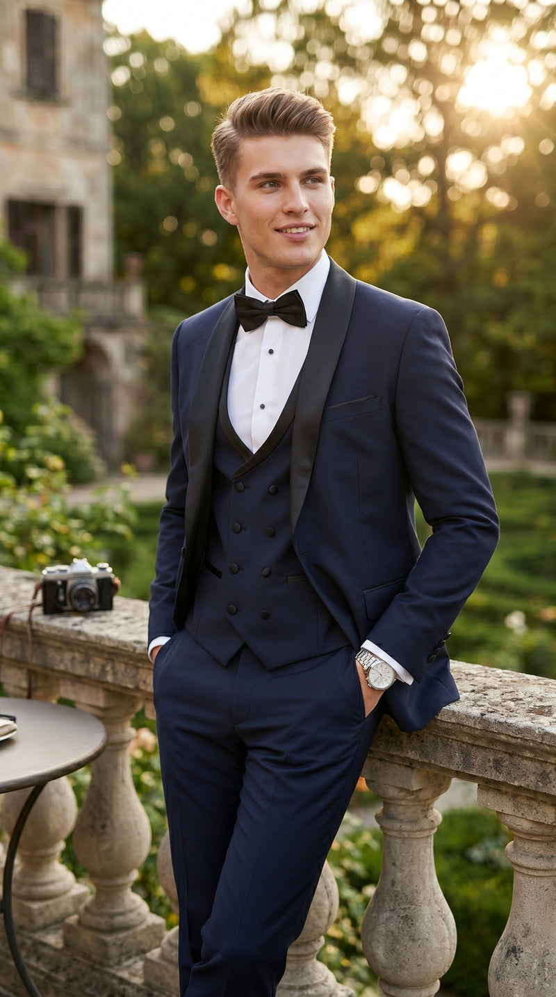 Men’s Navy 100% Wool Vested Tuxedo, Shawl Lapel Wedding Prom Formal Suit Set