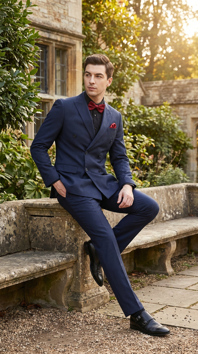 Men’s Navy Ultra Slim Fit Double Breasted Suit with Narrow Leg Pants, Tapered Jacket Formal Suit