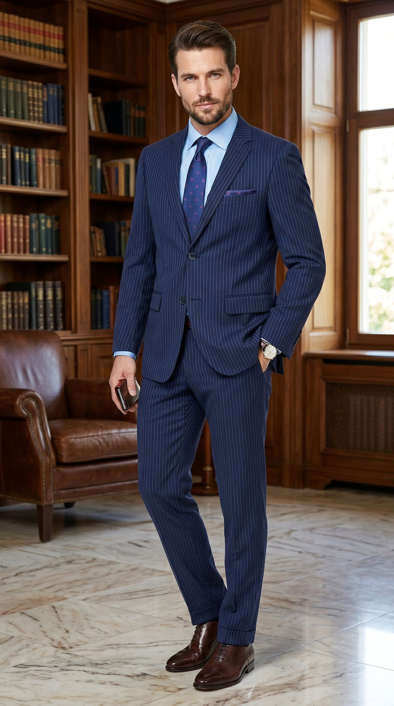 Men’s Navy Pinstripe 2 Piece Suit, Classic Formal Wedding Business Dress Suit Set