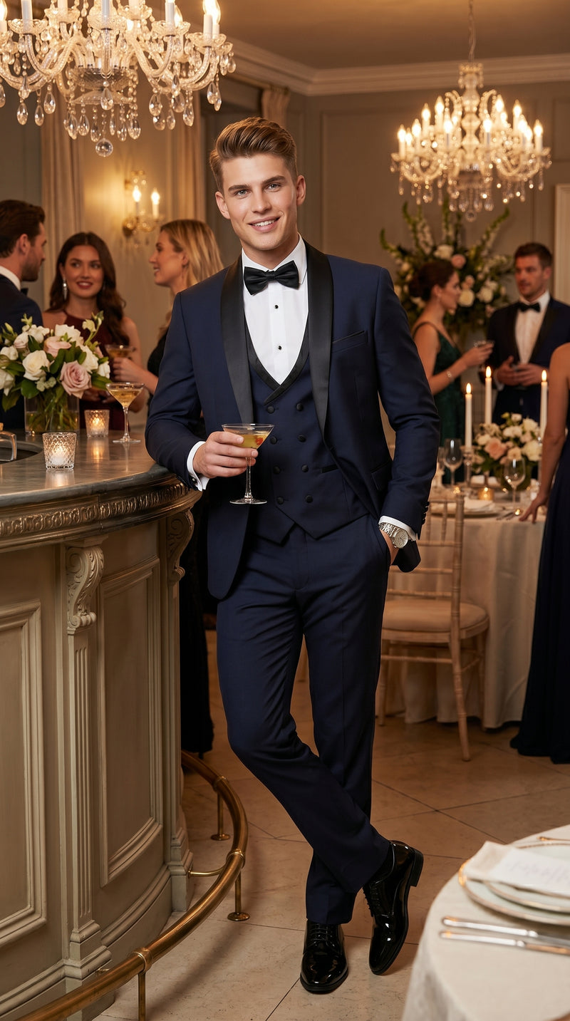 Men’s Navy 100% Wool Vested Tuxedo, Shawl Lapel Wedding Prom Formal Suit Set