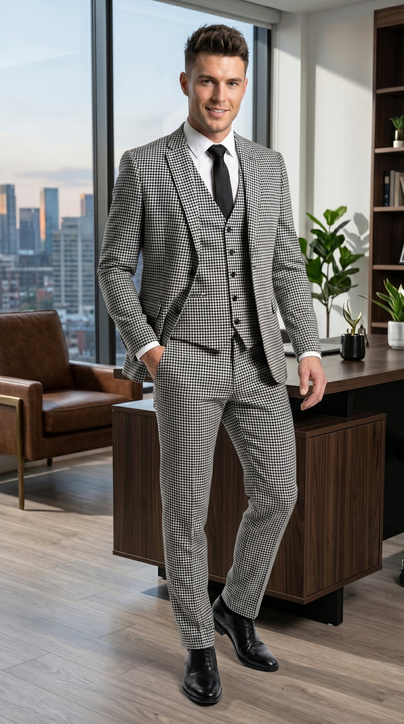 Men’s Black and White Houndstooth Checkered 3 Piece Suit, Gray Checkered Formal Wedding Business Suit Set