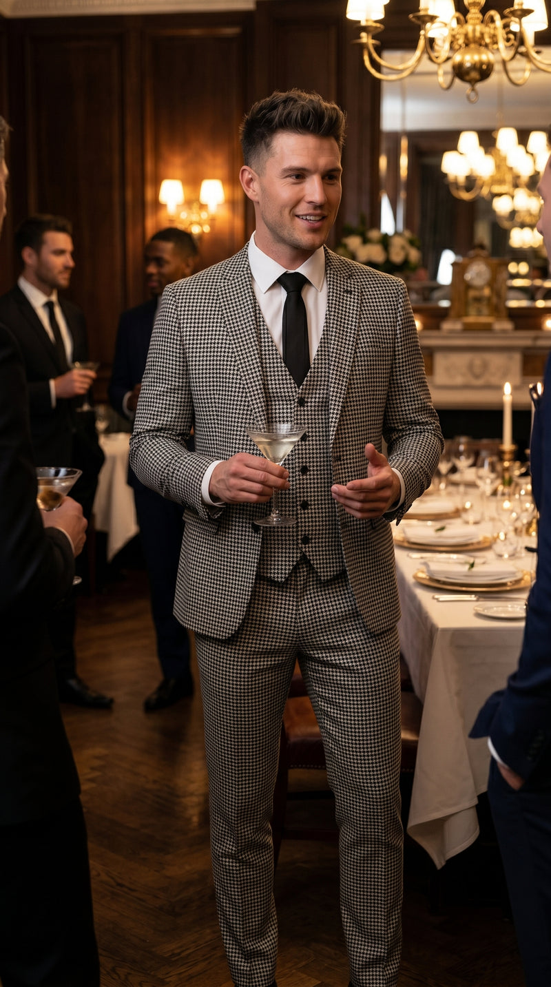 Men’s Black and White Houndstooth Checkered 3 Piece Suit, Gray Checkered Formal Wedding Business Suit Set