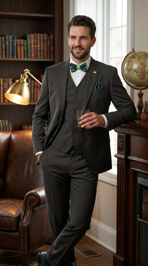 Statement Men’s Solid Olive 100% Wool Vested Suit, Formal Wedding Business 3 Piece Suit Set
