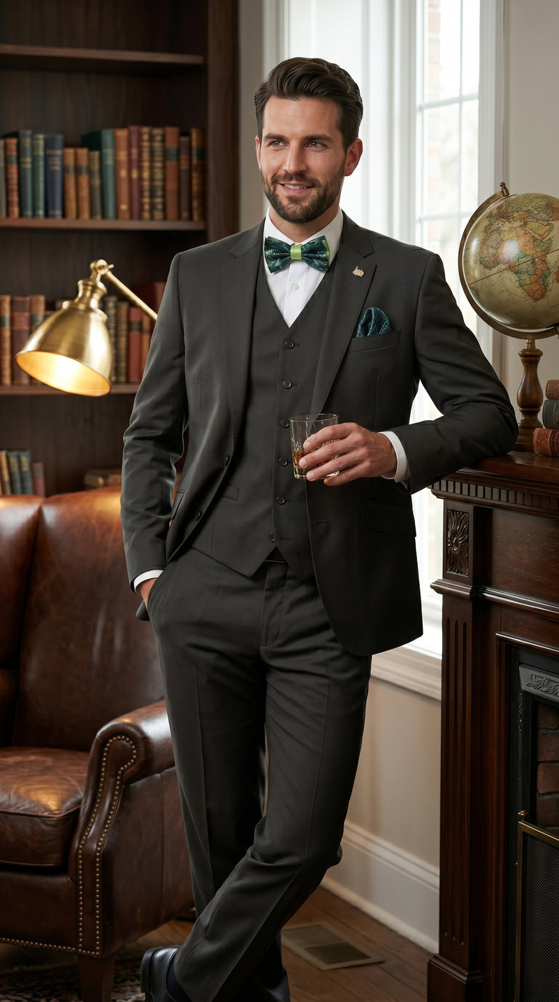 Statement Men’s Solid Olive 100% Wool Vested Suit, Formal Wedding Business 3 Piece Suit Set