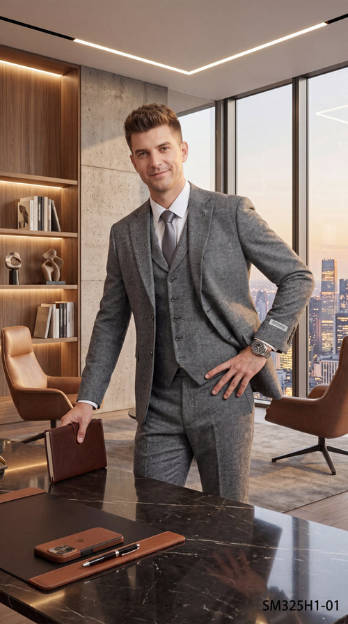 Stacy Adams Men’s Herringbone 3 Piece Hybrid Fit Suit, Formal Wedding Business Suit in Brown and Gray