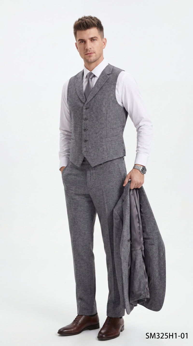 Stacy Adams Men’s Herringbone 3 Piece Hybrid Fit Suit, Formal Wedding Business Suit in Brown and Gray