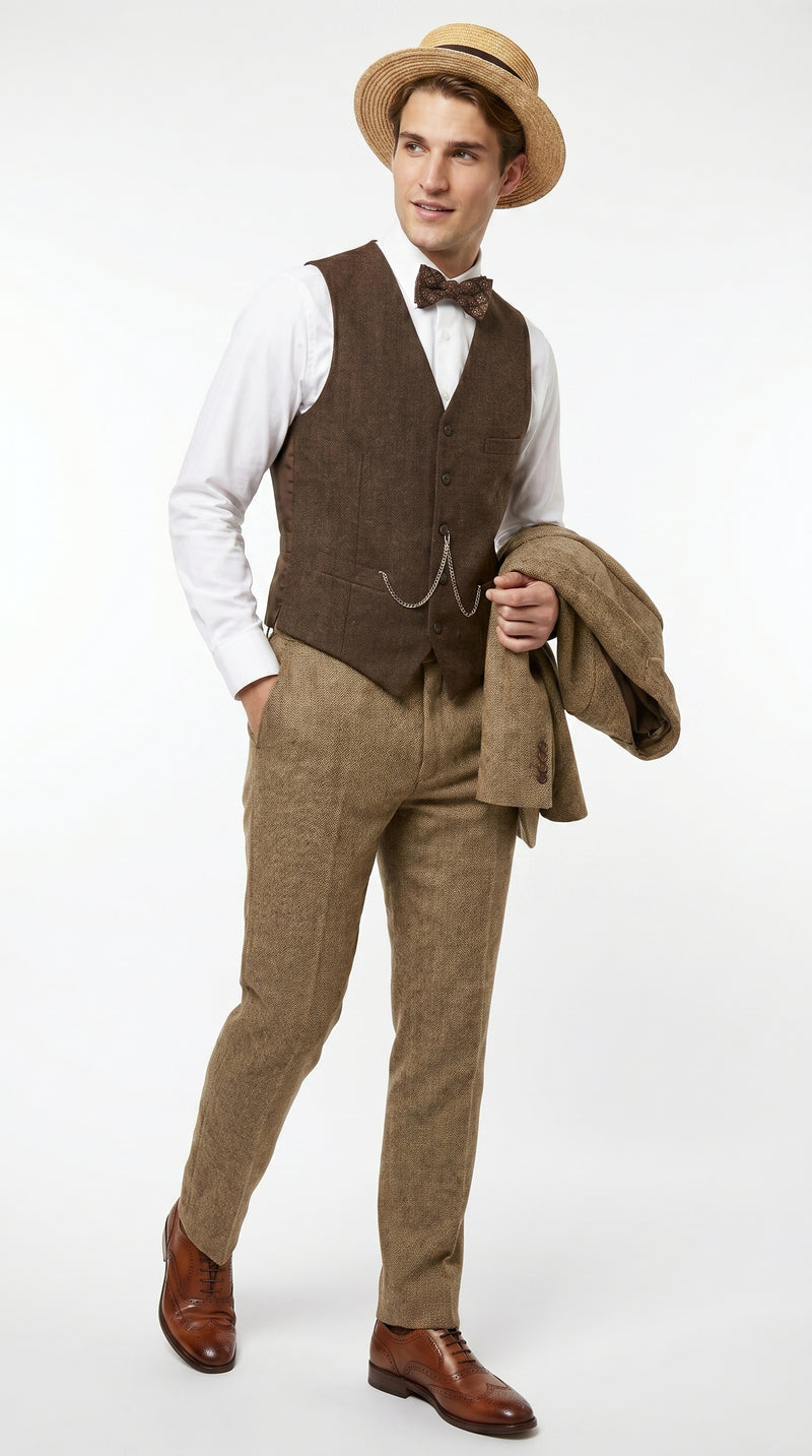 Men’s Camel Pocket Suit with Brown Vest, Vintage Inspired Formal Dress Outfit