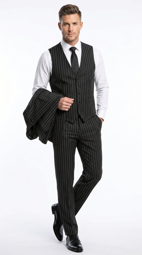Men’s Black 2 Button Gangster Pinstripe Suit with Vest, Mobster Mafia Style Formal Suit