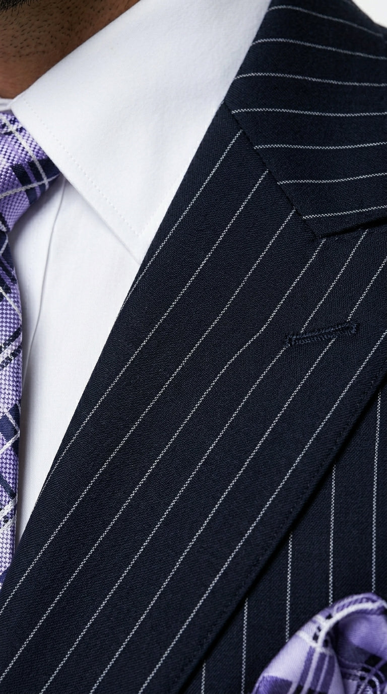 Men’s Navy Pinstripe Double Breasted Suit, Statement Formal Wedding Business Dress Suit