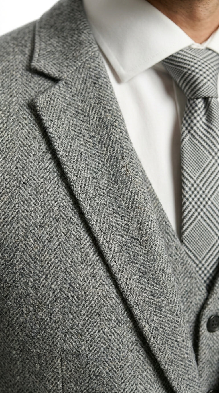Mens Grey Tweed Three Piece Suit Vintage British Fabric Slim Fit Wedding & Business Wear