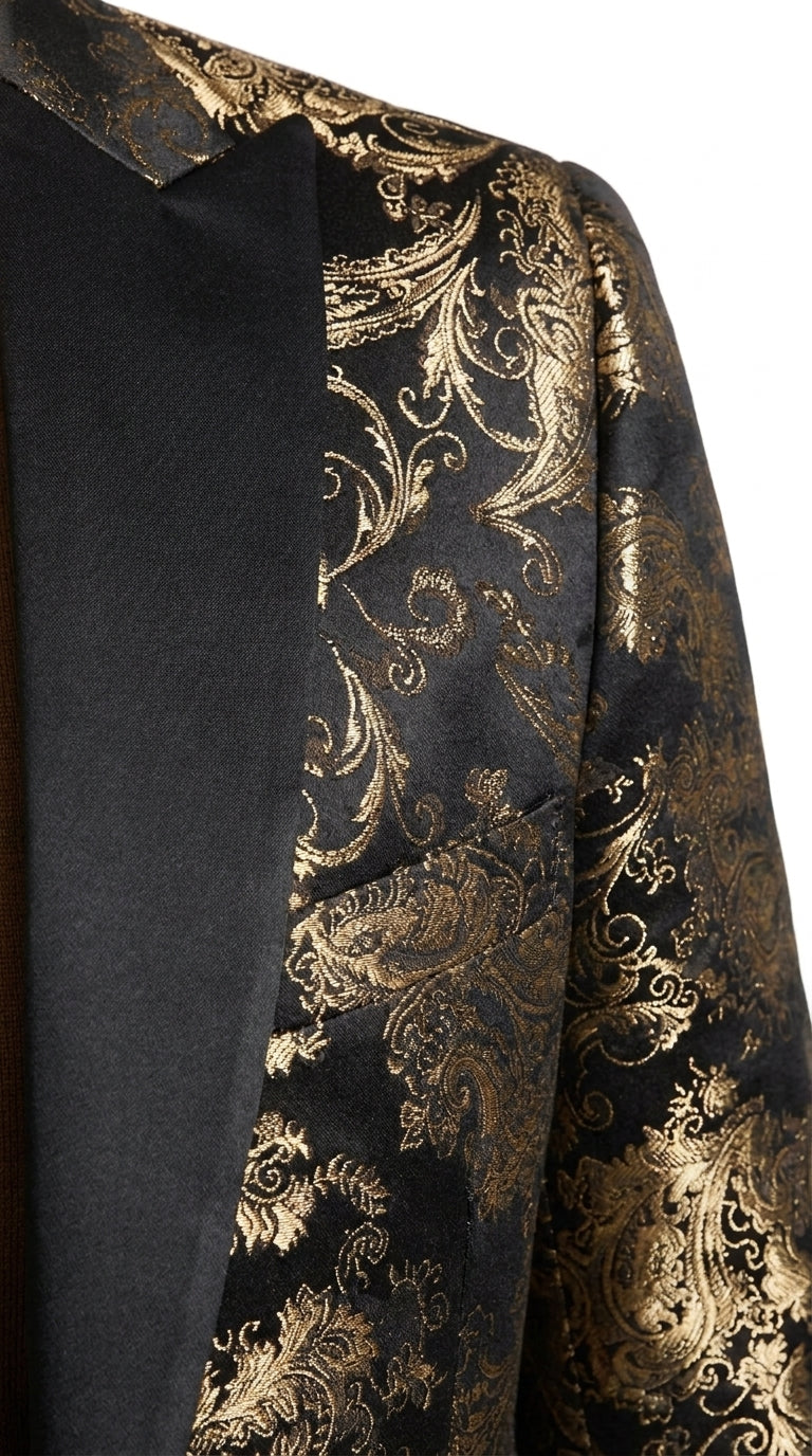 VINCI Men’s Gold and Black Paisley Tuxedo Dinner Jacket – Formal Prom, Wedding and Party Blazer