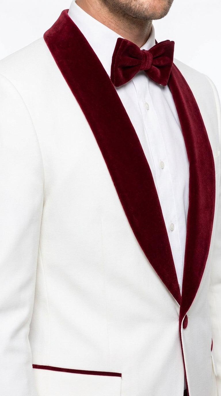 Men’s White and Burgundy Wedding Tuxedo, Formal Groom Prom Shawl Lapel Tuxedo Suit