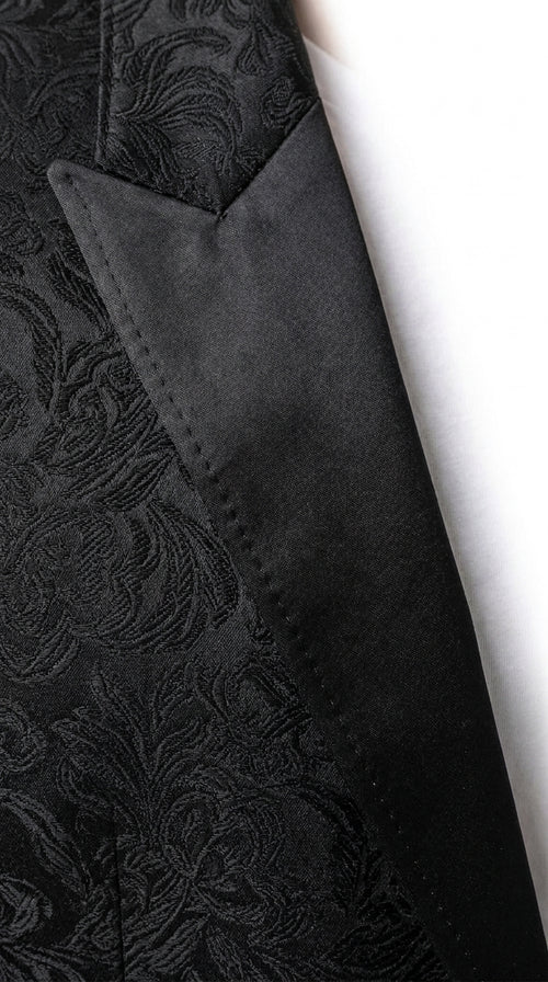 Men’s Black Paisley Jacquard Western Blazer with Satin Shawl Lapel, Formal Designer Sport Coat