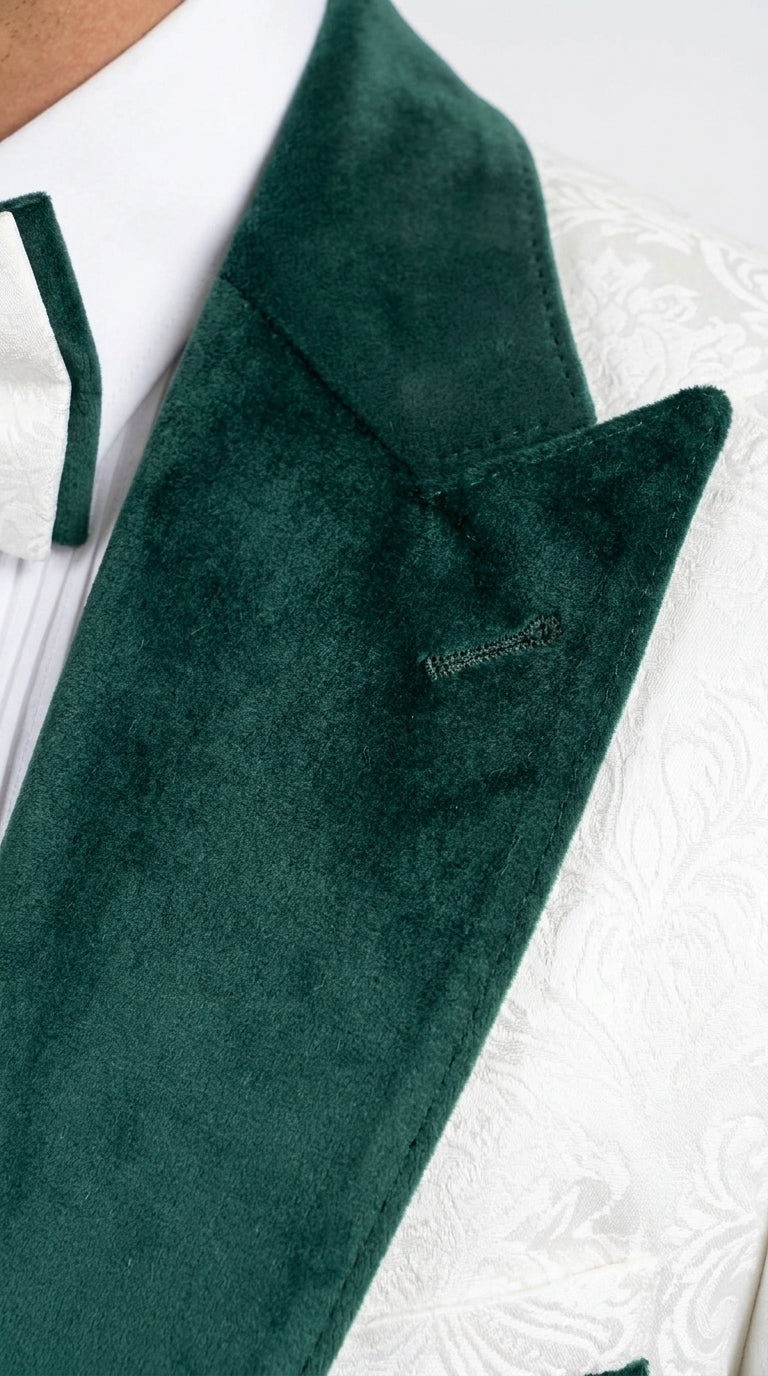Men’s White and Hunter Green 3-Piece Wedding Tuxedo – White Dinner Jacket with Hunter Green Shawl Lapel