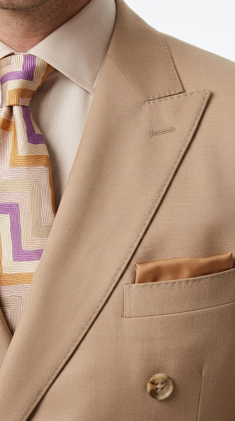 Men’s Camel Double Breasted Wool Feel Suit, Classic Luxury Formal Wedding Business Dress Suit