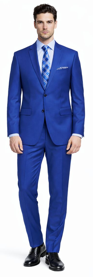 Blue two-button suit in slim/modern fit. Solid blue fabric, notch lapels, two front pockets, and matching trousers. Tailored silhouette, clean lines.