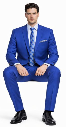 Vibrant blue, slim-fit two-button suit with structured shoulders and notched lapel. Solid fabric, straight-cut trousers. Includes a blue checkered tie and pocket square for added style.