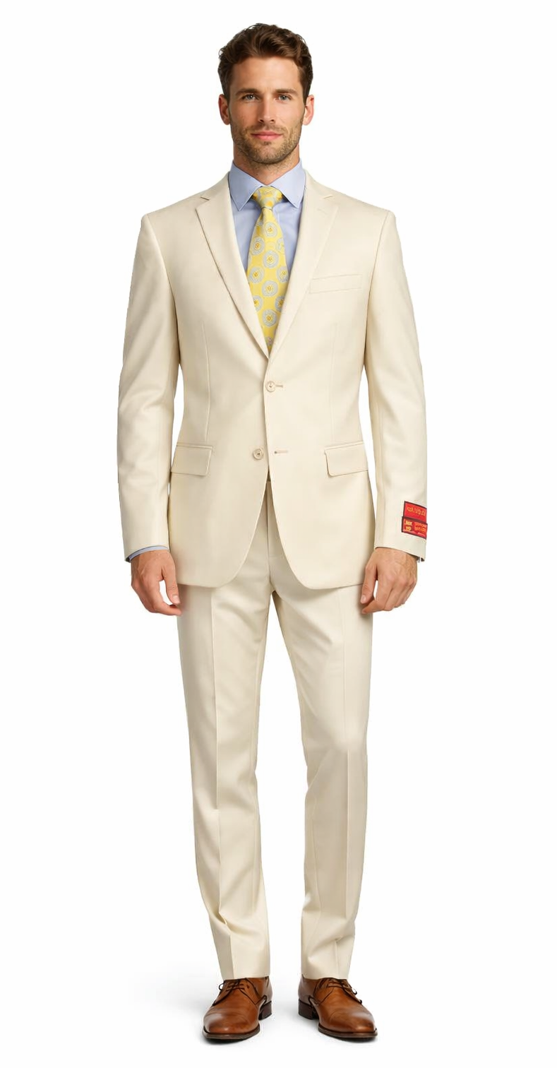 Albertonardoni Mantoni beige wool suit. Fitted, single-breasted jacket with notched lapel and two pockets. Straight-leg trousers. Light beige wool fabric. Brand label on sleeve cuff. Clean, polished look.