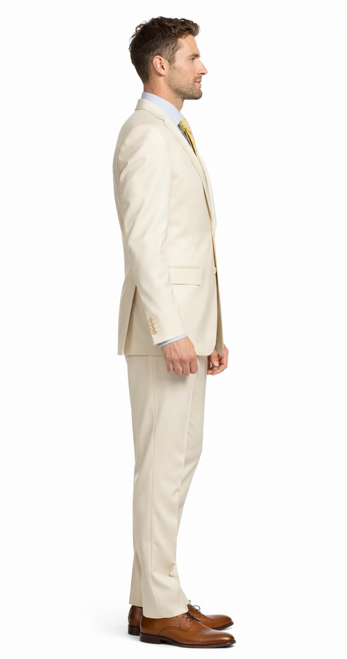 Albertonardoni's Mantoni beige wool suit: tailored, two-button closure, notched lapels. Features a streamlined silhouette with dual pockets. Paired with straight-cut, matching trousers for a formal look.