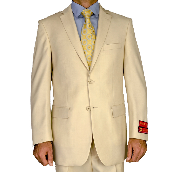 Mantoni beige wool suit. Light beige color, structured shape, two-button front. Features a chest pocket, side pockets, notch lapel, and buttoned sleeves. Classic and elegant.