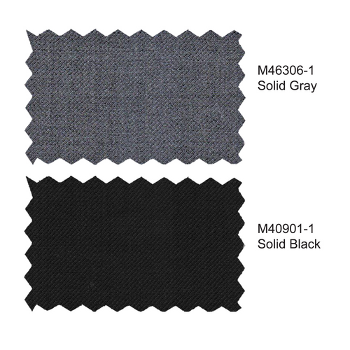 Gray suit swatch above, black below. Both exhibit textured, woven patterns.