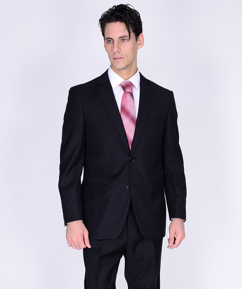 Black, slim-fit suit with notched lapel. Two-button closure, single chest pocket, two front pockets. Smooth material, structured shape for a tailored look.