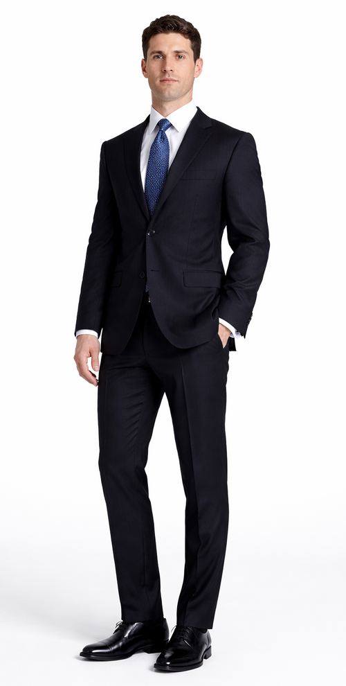 Mantoni wool suit: black, gray, navy stripe. Two-button closure, notched lapel. Tailored, structured form. Includes jacket with side pockets and streamlined trousers. Worn with white shirt & patterned blue tie.