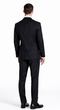 Black wool suit back view: two-button closure, striped pattern (black, gray, navy). Standard-cut jacket with back vent. Straight-leg trousers. Black shoes.