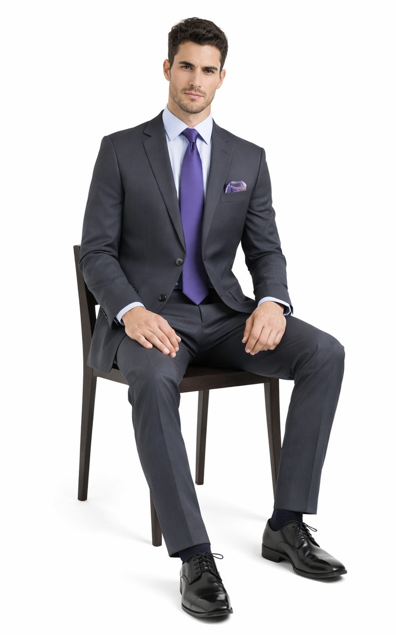 Mantoni wool suit: Black, gray & navy stripe. Tailored cut, structured shoulders, slim fit. Two-button jacket with notch lapels. Straight-leg pants. Pinstripe pattern.