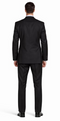 Mantoni black slim fit suit with a tailored structure, straight back, and fitted shoulders. Solid black, smooth fabric with slight sheen. Straight-legged pants.