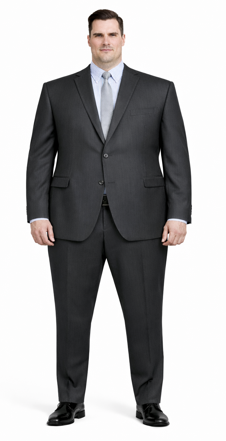 Mantoni black suit: modern fit, two-button closure, tailored shoulders, subtle pinstripe. Matching tapered trousers. Deep black color, paired with a light blue striped dress shirt.