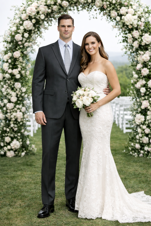 Mantoni suit: Slim fit, two-button black suit with notch lapel and structured shoulders. Tailored silhouette, straight-cut trousers. Subtle weave texture.