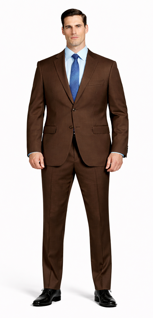Mantoni brown wool suit: tailored fit, textured fabric. Classic two-button closure, notched lapel. Straight-cut trousers match the jacket's color and material for a cohesive look.