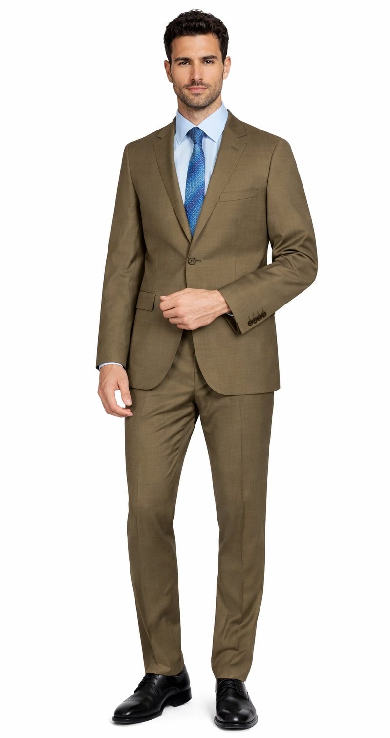 Mantoni camel wool suit: structured blazer with chest/front pockets, tailored trousers. Features a smooth, textured camel (taupe) color. Paired with light blue shirt & patterned tie. Straight-fit design.