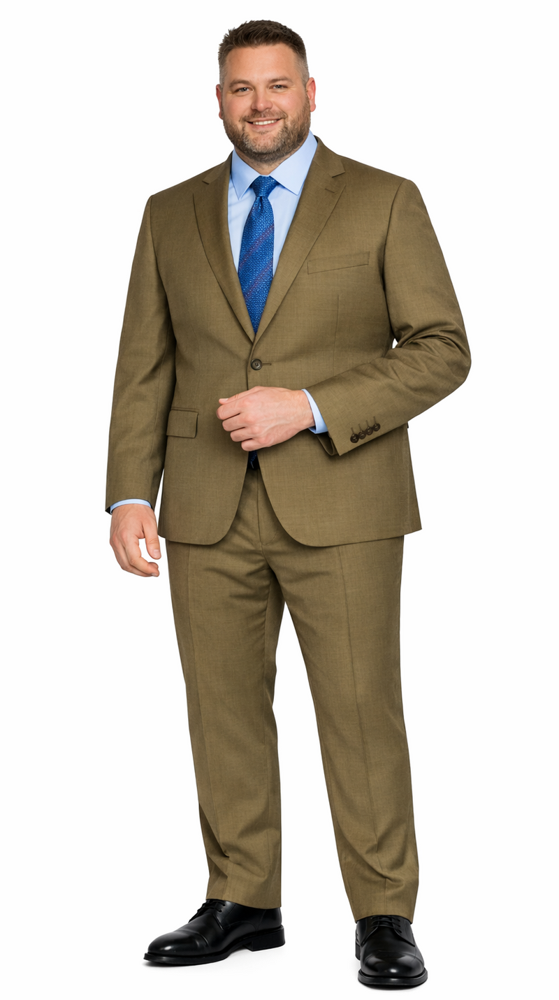 Mantoni taupe wool suit by Albertonardoni. Two-button jacket, notched lapel, buttoned cuffs, and two front pockets. Straight-leg trousers. Solid camel/taupe color, fine wool fabric, fitted, structured form.