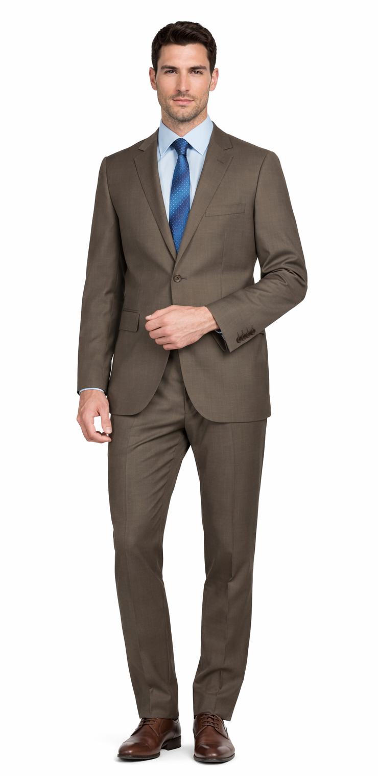 Camel/taupe wool suit: two-button blazer with notched lapels & side pockets. Tapered trousers. Smooth, subtly textured fabric. Classic, structured design.