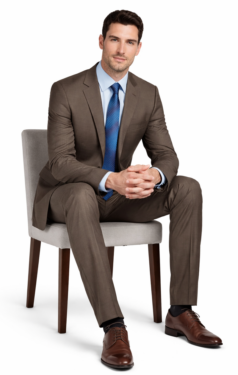 Mantoni camel wool suit: tailored fit, two-button closure, notch lapels. Smooth camel fabric with a subtle sheen. Straight-leg trousers. Classic, structured silhouette.