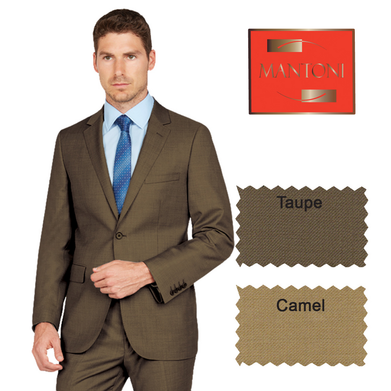 Taupe Mantoni wool suit with a classic tailored fit. Two-button closure, notched lapel, and structured silhouette. Features a breast and flap pockets. Durable wool construction.