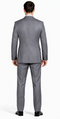 Mantoni gray wool suit: tailored silhouette, two-button jacket with notch lapels, single vent. Light gray, subtle texture. Trousers taper slightly at the ankle. Super 100s wool.