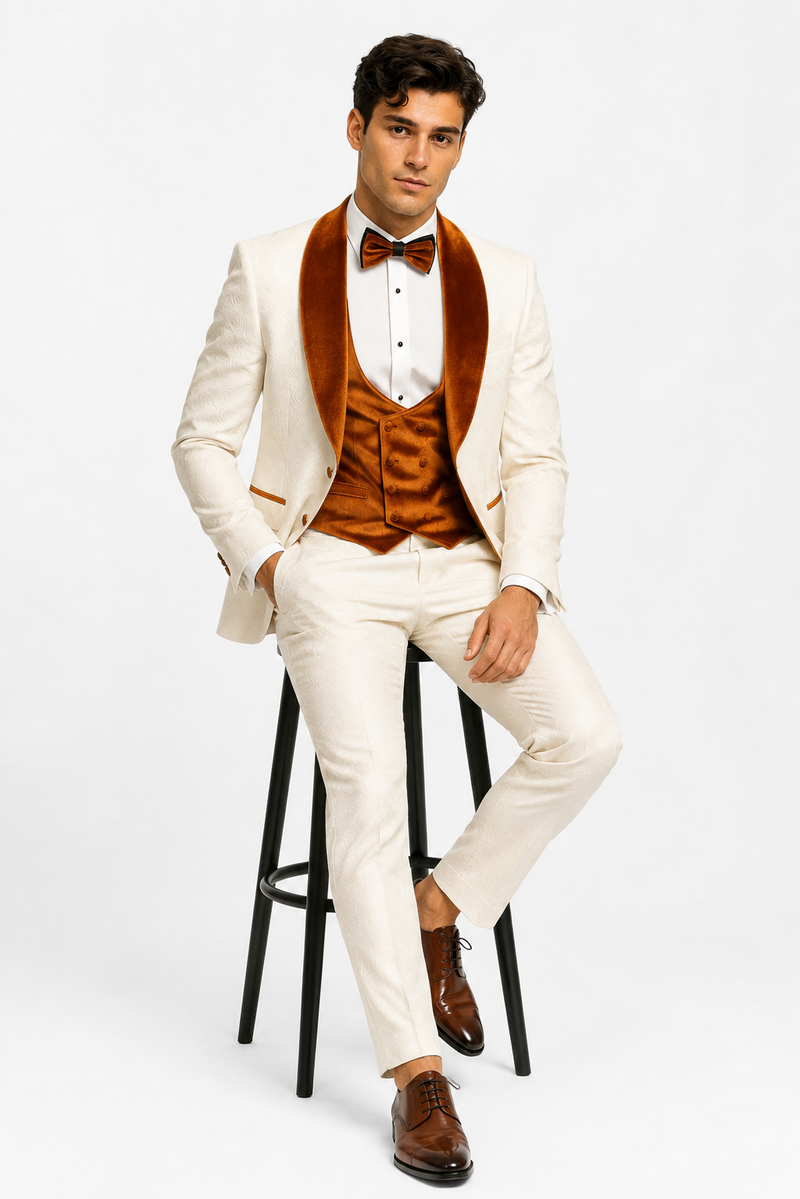 Marco Lorenzo Premium Paisley Burnt Orange Velvet 4pc Suit W/ Matching Bowtie