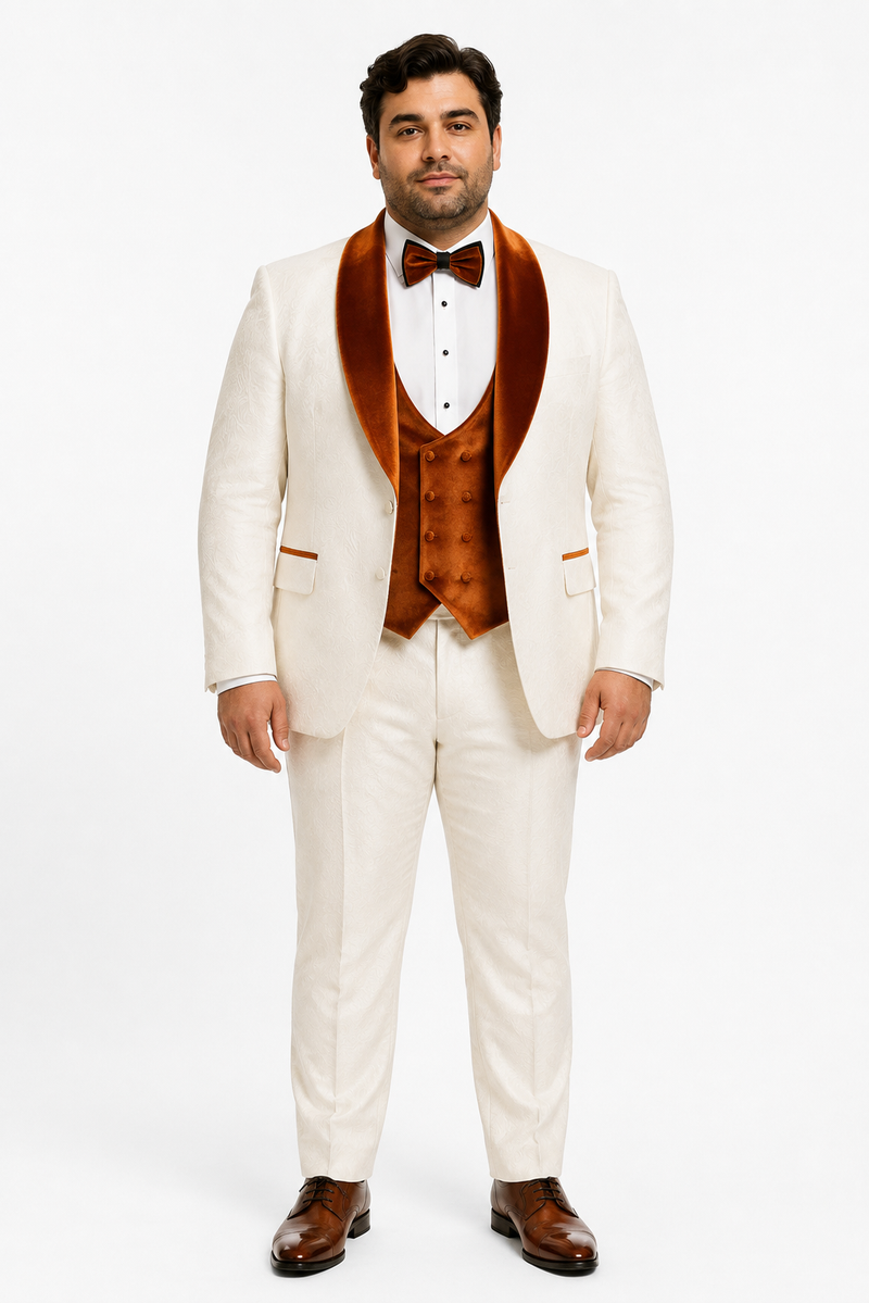Marco Lorenzo Premium Paisley Burnt Orange Velvet 4pc Suit W/ Matching Bowtie