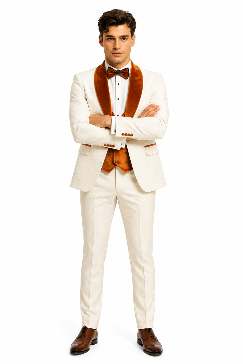 Marco Lorenzo Premium Paisley Burnt Orange Velvet 4pc Suit W/ Matching Bowtie