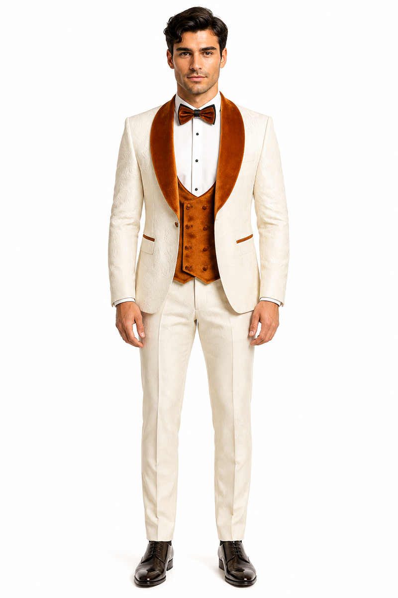 Marco Lorenzo Premium Paisley Burnt Orange Velvet 4pc Suit W/ Matching Bowtie