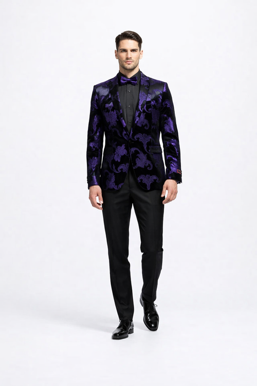 Mardi Gras Suit - Purple and Black Paisley Tuxedo Dinner Jacket + Matching Pants - Slim Fitted