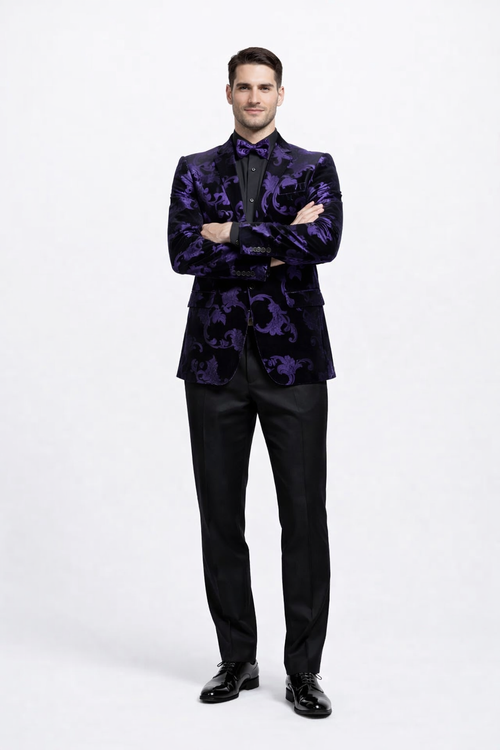 Mardi Gras Suit - Purple and Black Paisley Tuxedo Dinner Jacket + Matching Pants - Slim Fitted