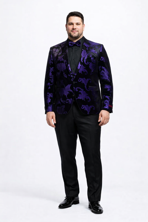 Mardi Gras Suit - Purple and Black Paisley Tuxedo Dinner Jacket + Matching Pants - Slim Fitted