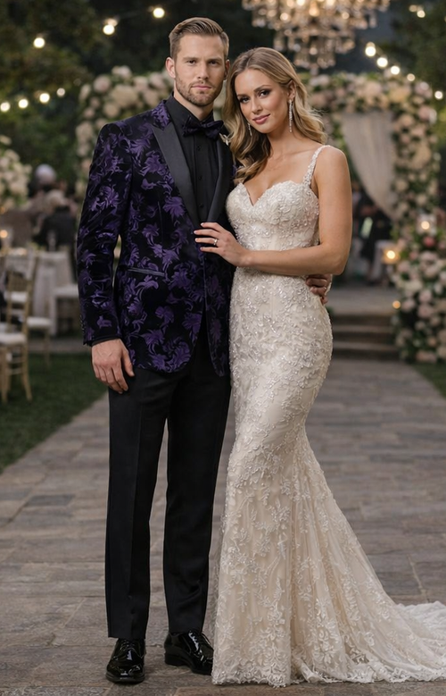 Mardi Gras Suit - Purple and Black Paisley Tuxedo Dinner Jacket + Matching Pants - Slim Fitted