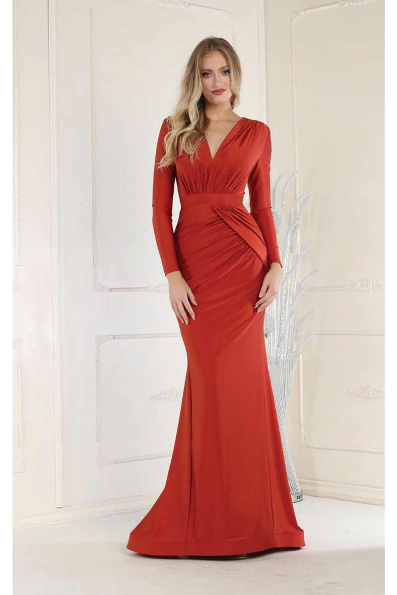 V Neck Mermaid Dress Classy Long Sleeve Evening Gown