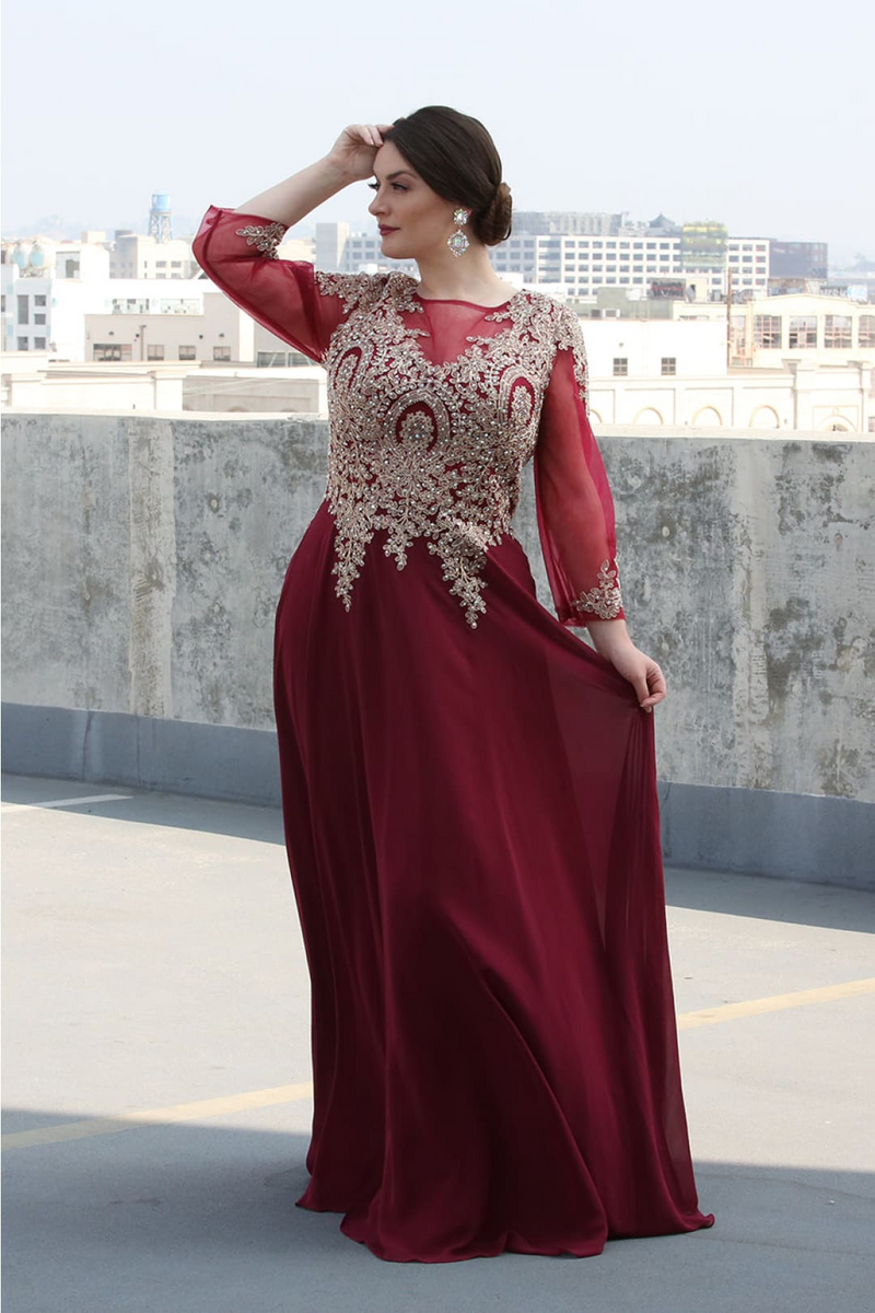 3/4 Sleeve Mother of the Bride Dress Embroidered Modern Evening Gown