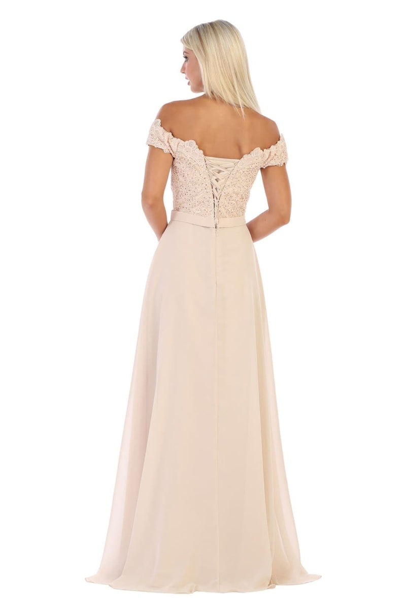 May Queen MQ1601 Off The Shoulder A-Line Corset Back Prom Gown
